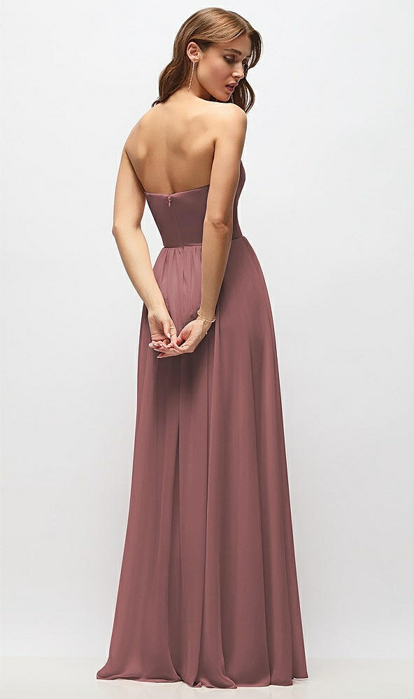 Back View - Rosewood Strapless Basque Drop Waist Chiffon Maxi Dress with Shirred Skirt