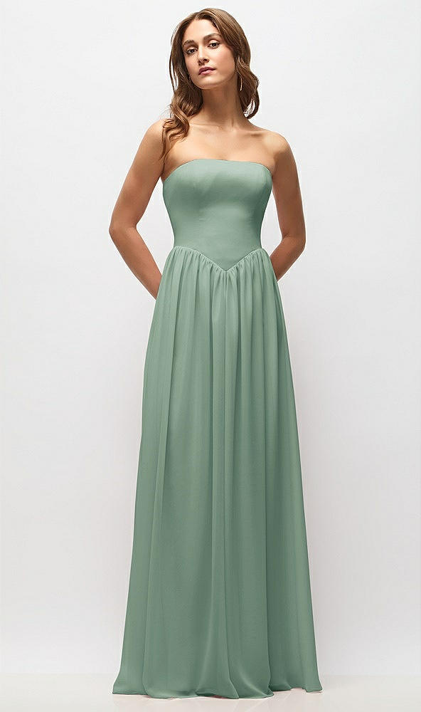 Front View - Seagrass Strapless Basque Drop Waist Chiffon Maxi Dress with Shirred Skirt