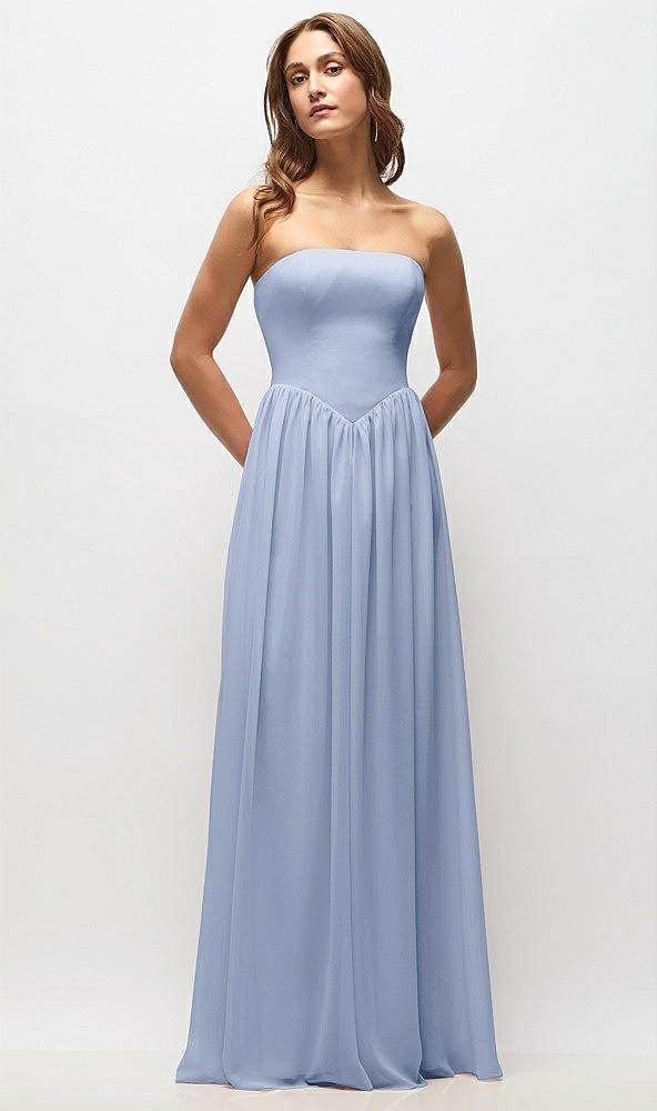 Front View - Sky Blue Strapless Basque Drop Waist Chiffon Maxi Dress with Shirred Skirt