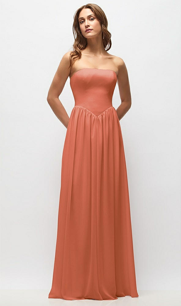Front View - Terracotta Copper Strapless Basque Drop Waist Chiffon Maxi Dress with Shirred Skirt