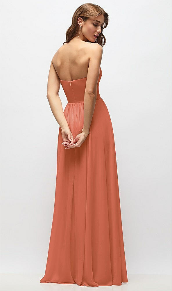 Back View - Terracotta Copper Strapless Basque Drop Waist Chiffon Maxi Dress with Shirred Skirt