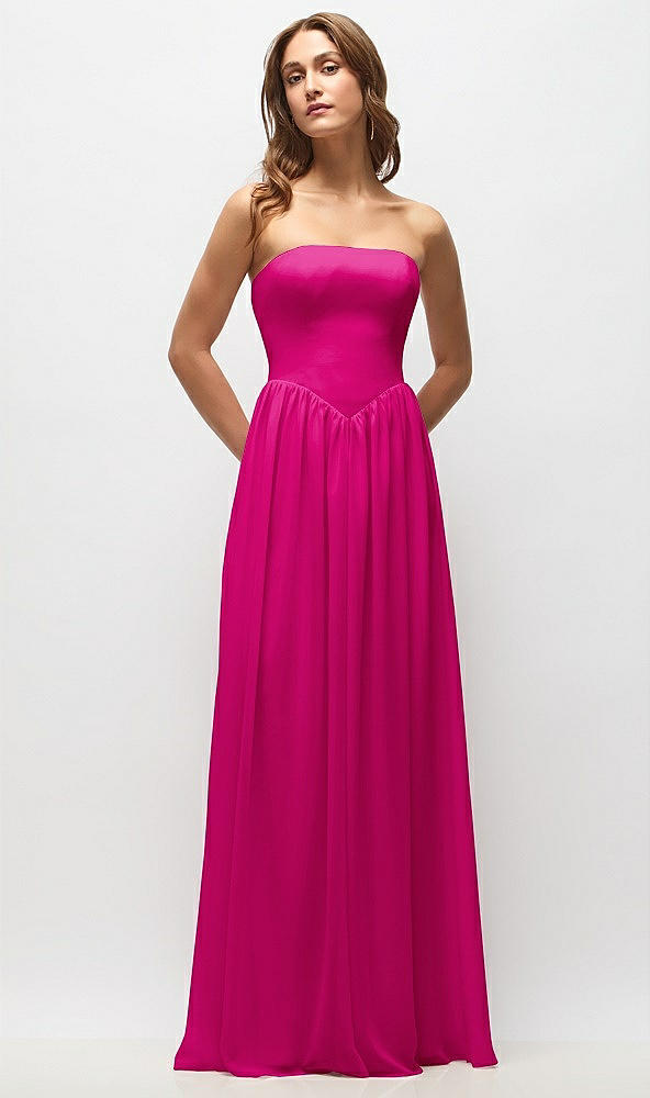 Front View - Think Pink Strapless Basque Drop Waist Chiffon Maxi Dress with Shirred Skirt