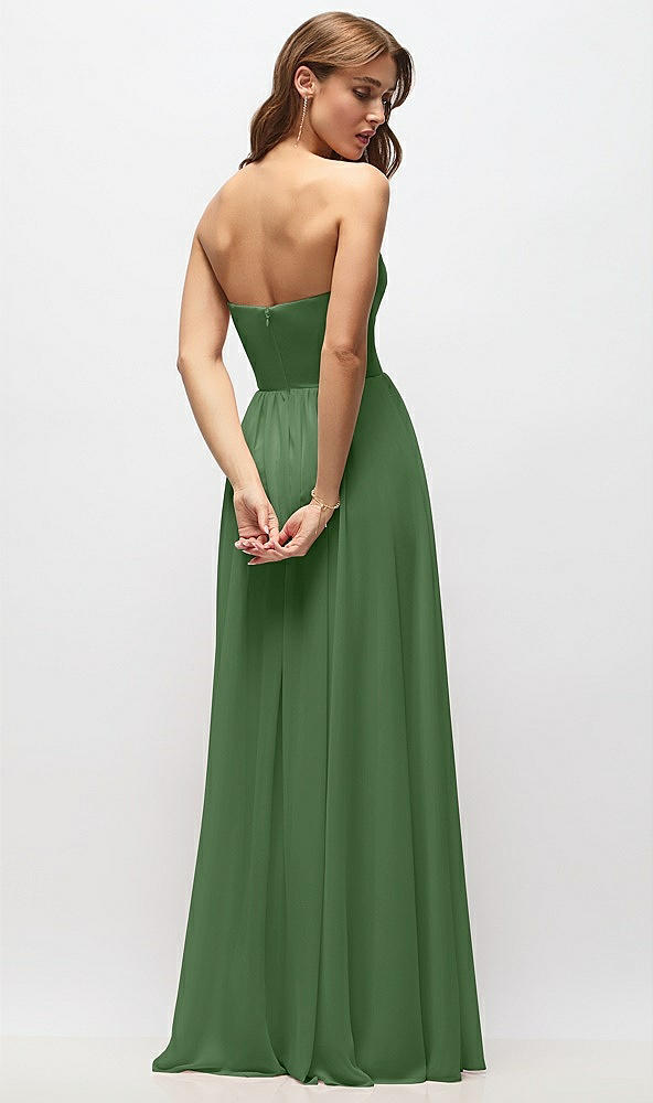 Back View - Vineyard Green Strapless Basque Drop Waist Chiffon Maxi Dress with Shirred Skirt