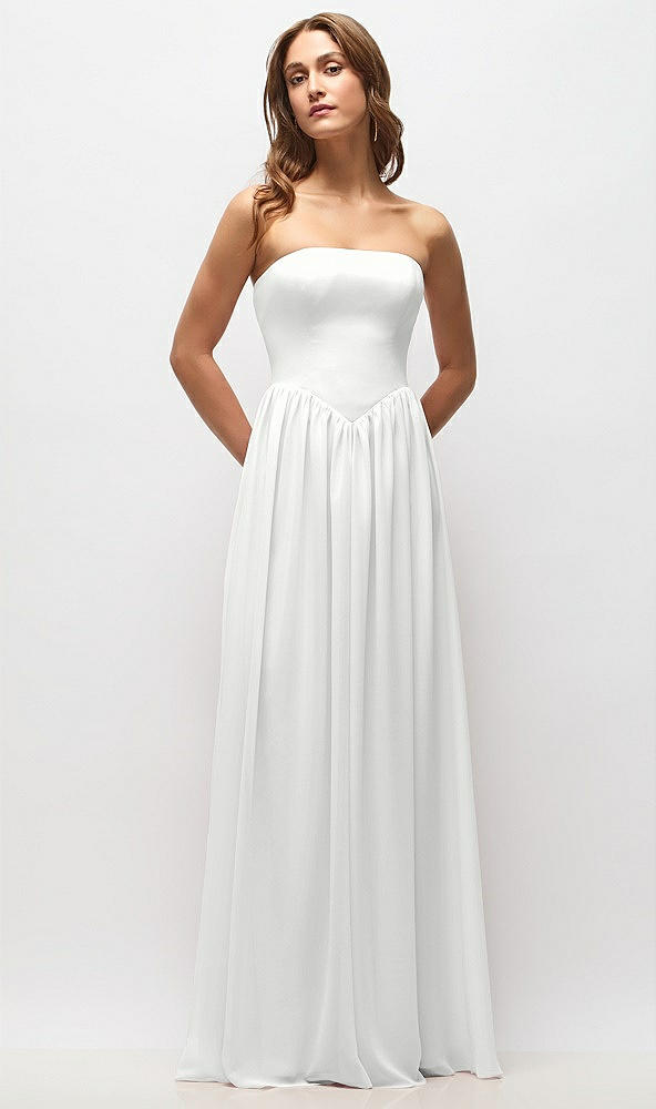 Front View - White Strapless Basque Drop Waist Chiffon Maxi Dress with Shirred Skirt