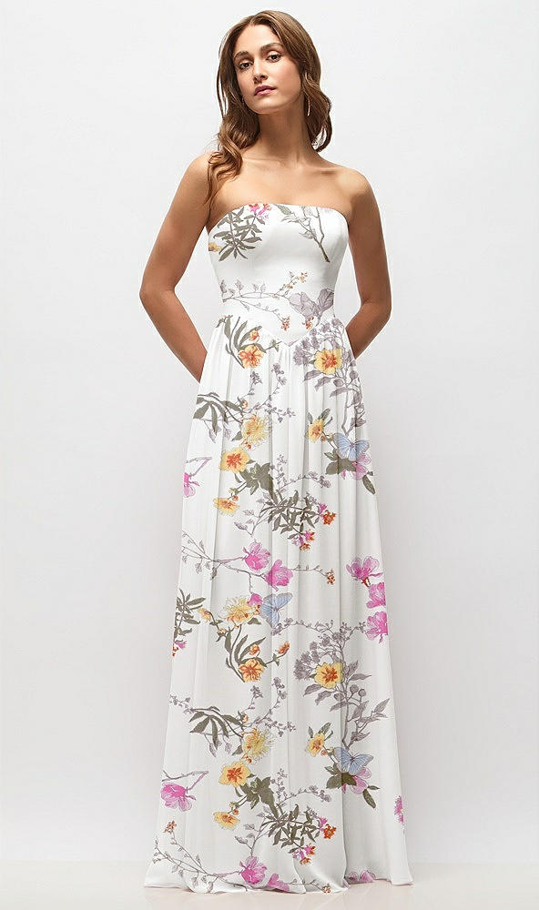 Front View - Butterfly Botanica Ivory Strapless Basque Drop Waist Floral Chiffon Maxi Dress with Shirred Skirt