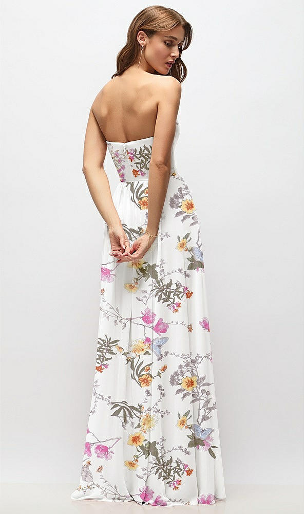 Back View - Butterfly Botanica Ivory Strapless Basque Drop Waist Floral Chiffon Maxi Dress with Shirred Skirt