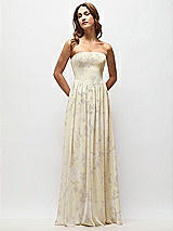 Front View Thumbnail - Butter Yellow Floral Strapless Basque Drop Waist Floral Chiffon Maxi Dress with Shirred Skirt