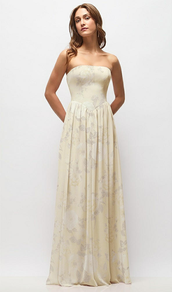 Front View - Butter Yellow Floral Strapless Basque Drop Waist Floral Chiffon Maxi Dress with Shirred Skirt