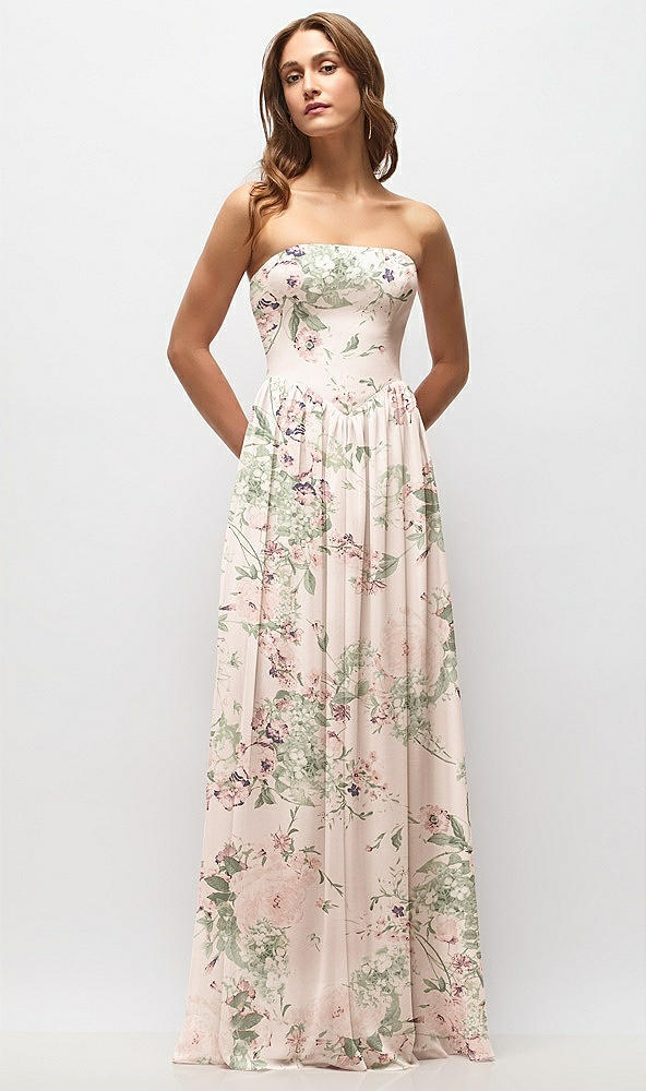 Front View - Blush Garden Strapless Basque Drop Waist Floral Chiffon Maxi Dress with Shirred Skirt