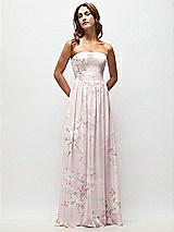 Front View Thumbnail - Watercolor Print Strapless Basque Drop Waist Floral Chiffon Maxi Dress with Shirred Skirt