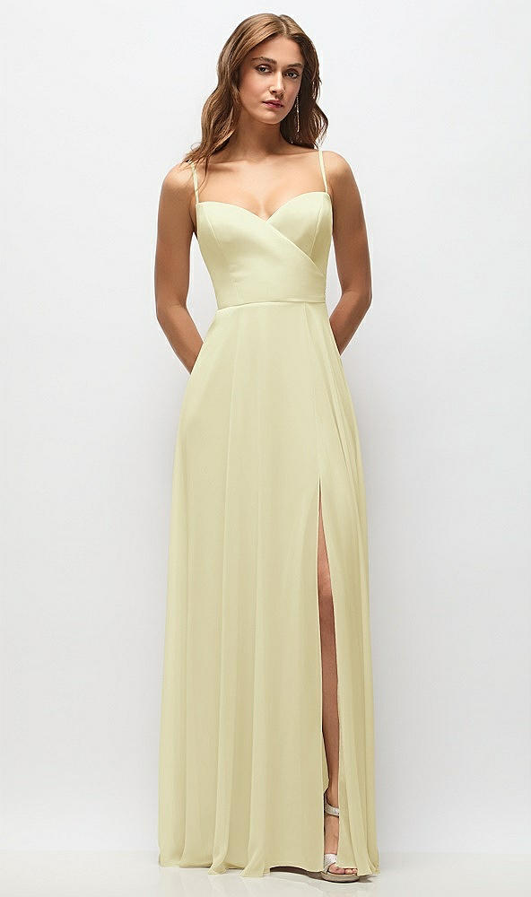 Front View - Butter Yellow Wrap Bodice Chiffon Maxi Dress with Adjustable Spaghetti Straps