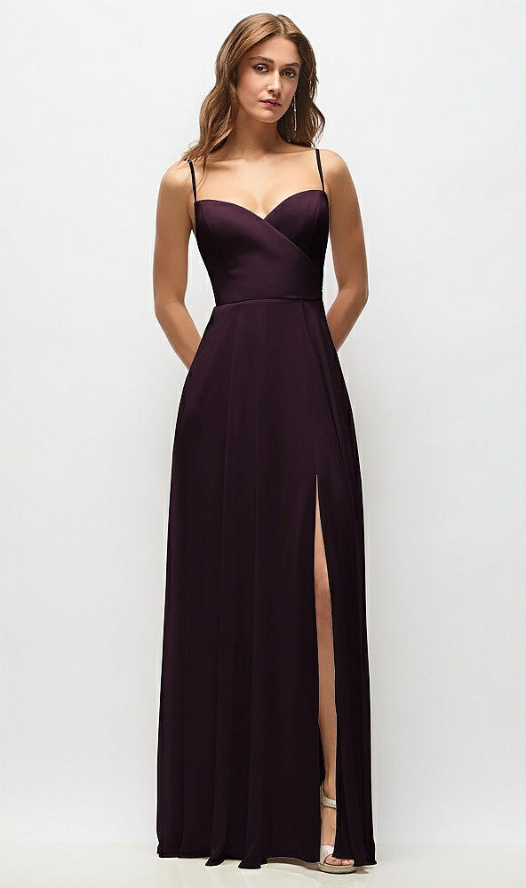Front View - Deep Plum Wrap Bodice Chiffon Maxi Dress with Adjustable Spaghetti Straps