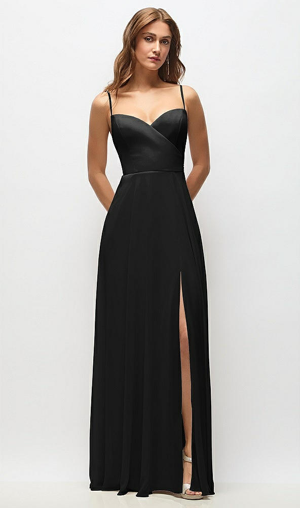 Front View - Black Wrap Bodice Chiffon Maxi Dress with Adjustable Spaghetti Straps