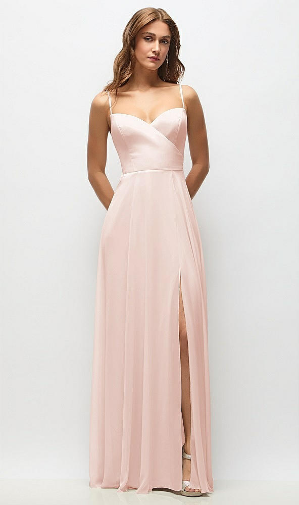 Front View - Blush Wrap Bodice Chiffon Maxi Dress with Adjustable Spaghetti Straps
