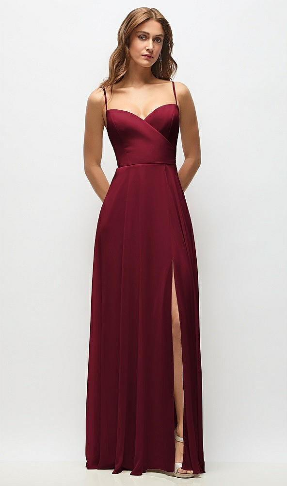 Front View - Burgundy Wrap Bodice Chiffon Maxi Dress with Adjustable Spaghetti Straps