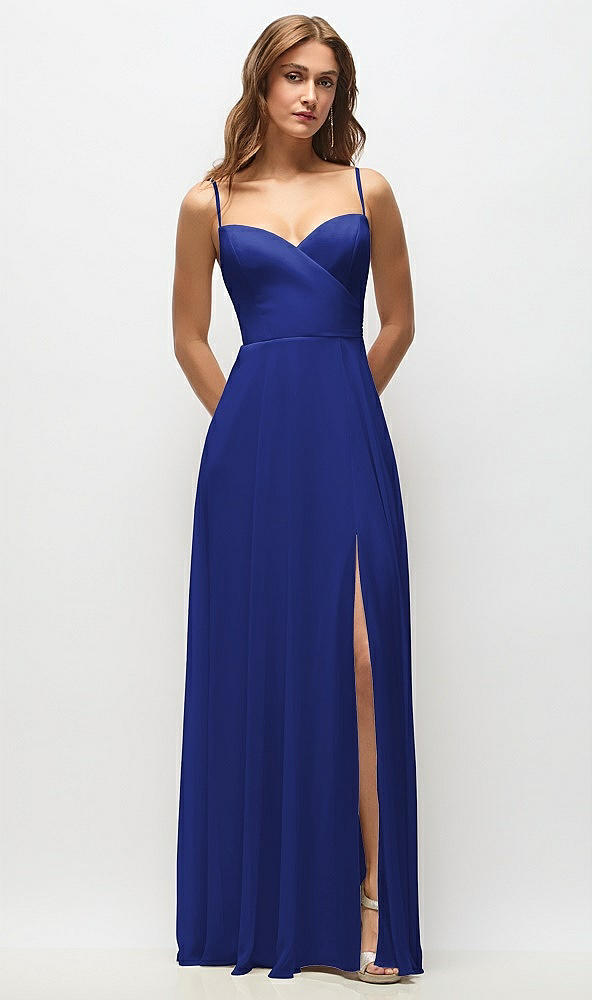 Front View - Cobalt Blue Wrap Bodice Chiffon Maxi Dress with Adjustable Spaghetti Straps