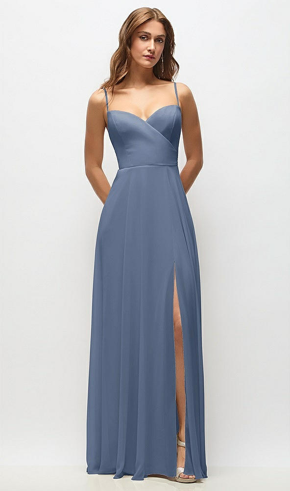 Front View - Larkspur Blue Wrap Bodice Chiffon Maxi Dress with Adjustable Spaghetti Straps