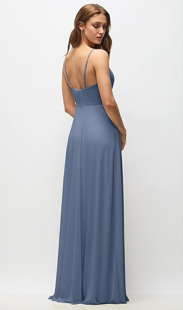 Back View - Larkspur Blue Wrap Bodice Chiffon Maxi Dress with Adjustable Spaghetti Straps