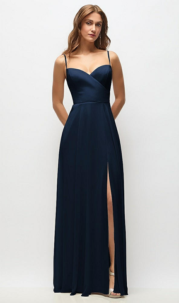 Front View - Midnight Navy Wrap Bodice Chiffon Maxi Dress with Adjustable Spaghetti Straps