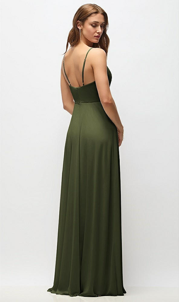 Back View - Olive Green Wrap Bodice Chiffon Maxi Dress with Adjustable Spaghetti Straps