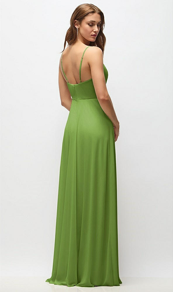 Back View - Peridot Green Wrap Bodice Chiffon Maxi Dress with Adjustable Spaghetti Straps