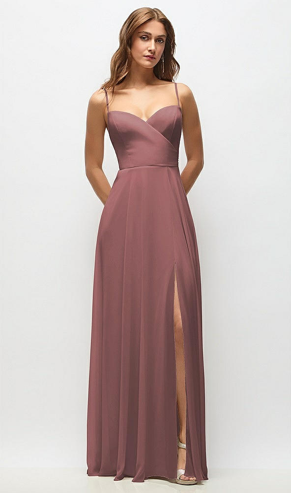 Front View - Rosewood Wrap Bodice Chiffon Maxi Dress with Adjustable Spaghetti Straps