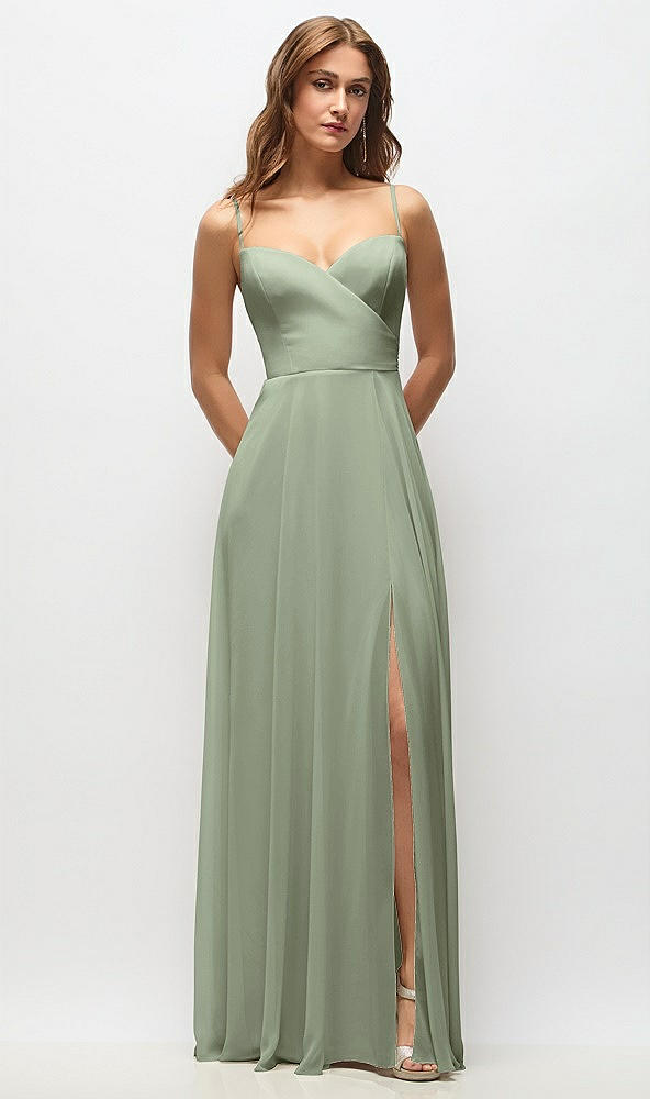 Front View - Sage Wrap Bodice Chiffon Maxi Dress with Adjustable Spaghetti Straps