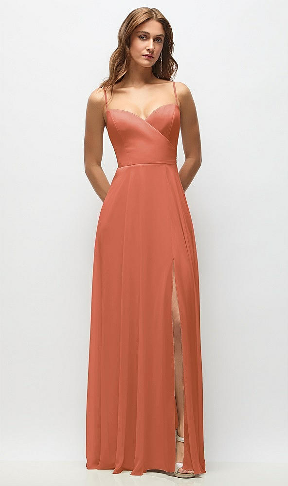 Front View - Terracotta Copper Wrap Bodice Chiffon Maxi Dress with Adjustable Spaghetti Straps