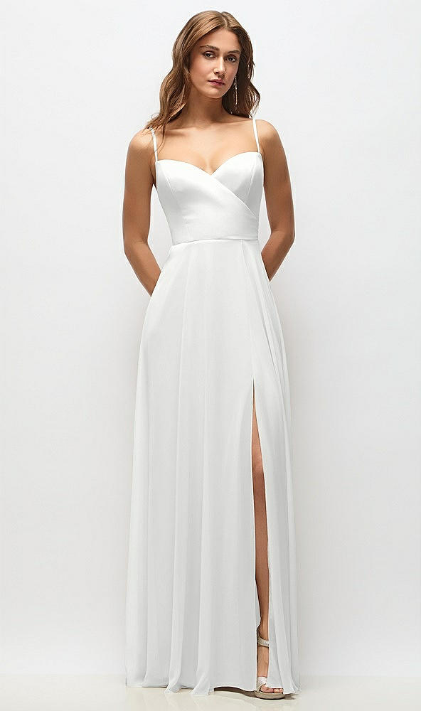 Front View - White Wrap Bodice Chiffon Maxi Dress with Adjustable Spaghetti Straps
