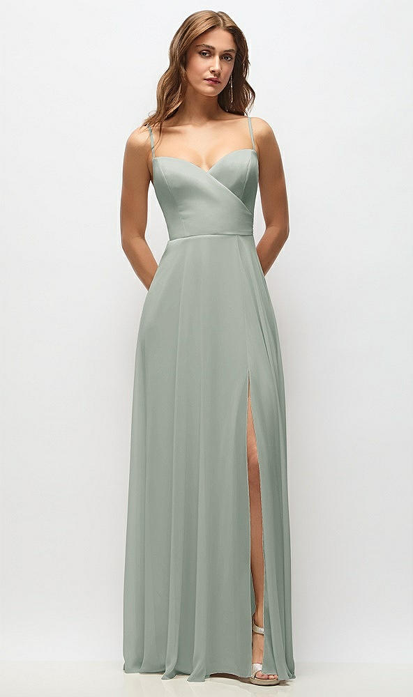 Front View - Willow Green Wrap Bodice Chiffon Maxi Dress with Adjustable Spaghetti Straps
