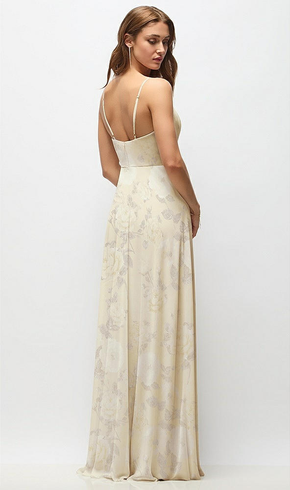 Back View - Butter Yellow Floral Wrap Bodice Floral Chiffon Maxi Dress with Adjustable Spaghetti Straps