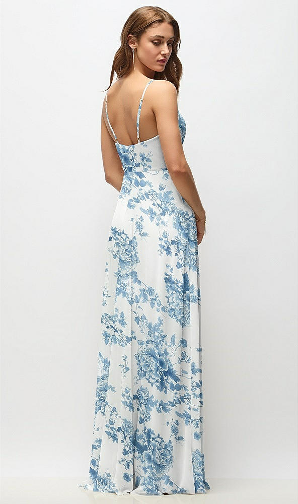 Back View - Cottage Rose Dusk Blue Wrap Bodice Floral Chiffon Maxi Dress with Adjustable Spaghetti Straps