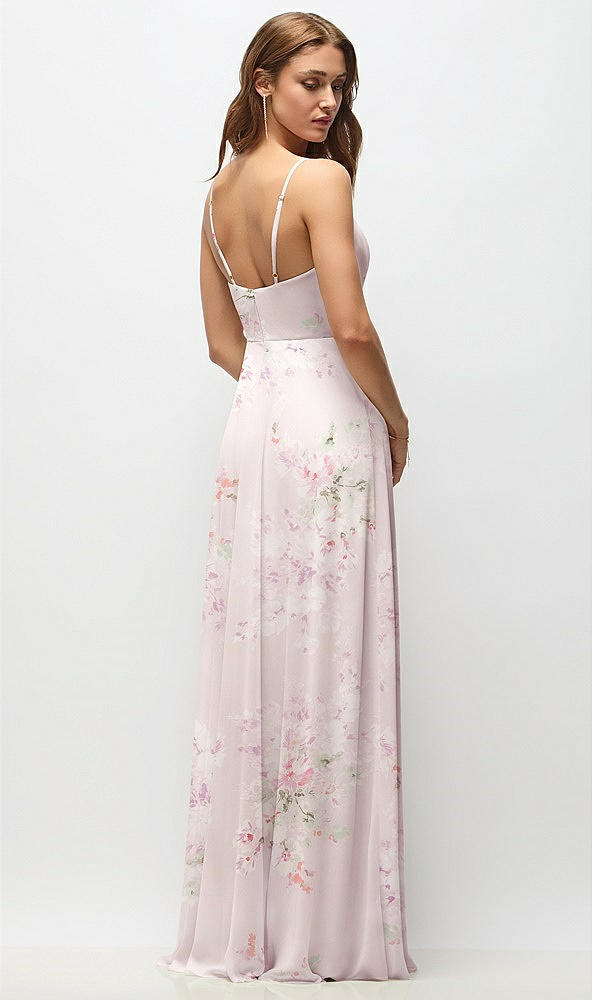 Back View - Watercolor Print Wrap Bodice Floral Chiffon Maxi Dress with Adjustable Spaghetti Straps