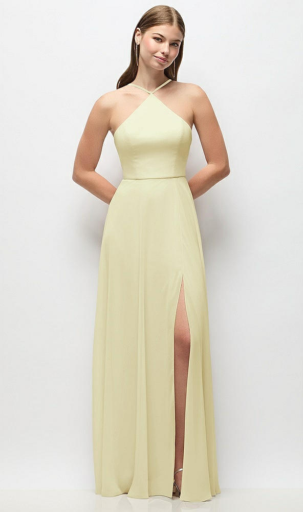 Front View - Butter Yellow High-Neck Halter Chiffon Maxi Dress with Adjustable Spaghetti Straps