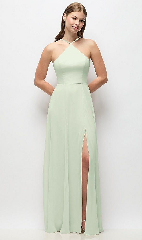 Front View - Mint Green High-Neck Halter Chiffon Maxi Dress with Adjustable Spaghetti Straps