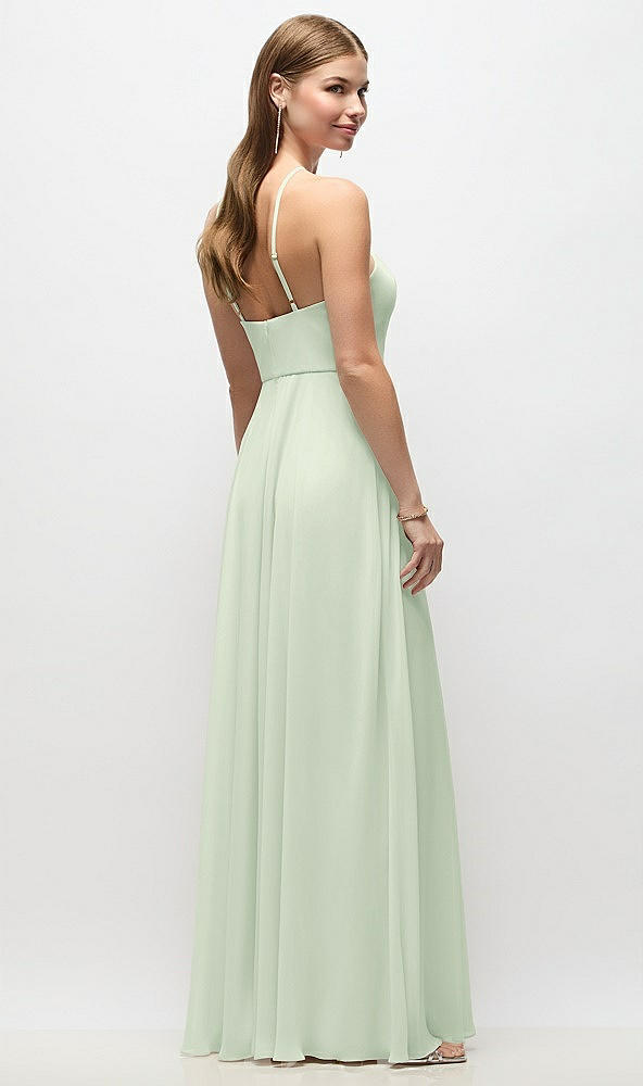 Back View - Mint Green High-Neck Halter Chiffon Maxi Dress with Adjustable Spaghetti Straps