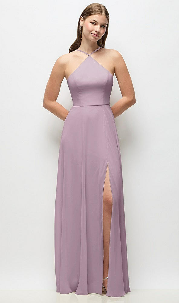 Front View - Suede Rose High-Neck Halter Chiffon Maxi Dress with Adjustable Spaghetti Straps