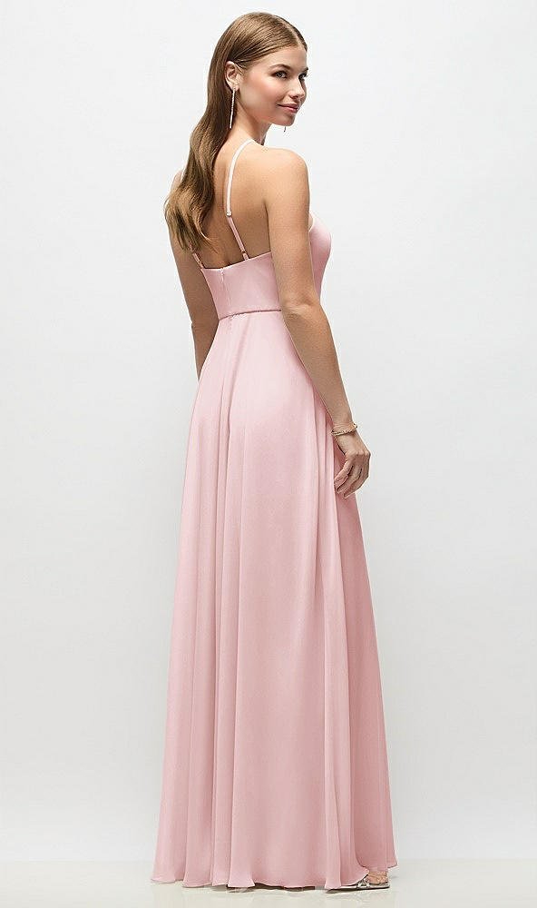 Back View - Ballet Pink High-Neck Halter Chiffon Maxi Dress with Adjustable Spaghetti Straps