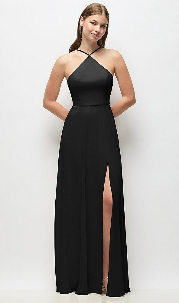 Front View - Black High-Neck Halter Chiffon Maxi Dress with Adjustable Spaghetti Straps