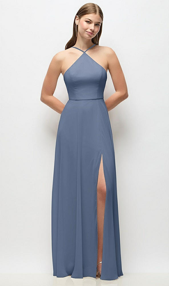 Front View - Larkspur Blue High-Neck Halter Chiffon Maxi Dress with Adjustable Spaghetti Straps
