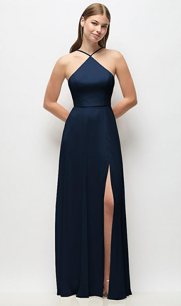 Front View - Midnight Navy High-Neck Halter Chiffon Maxi Dress with Adjustable Spaghetti Straps