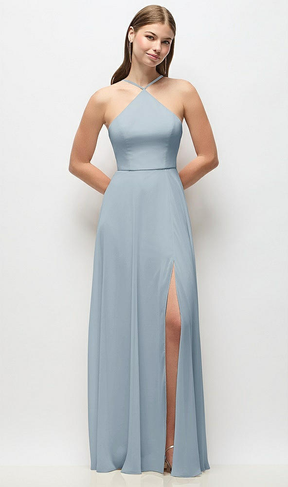 Front View - Mist High-Neck Halter Chiffon Maxi Dress with Adjustable Spaghetti Straps