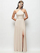 Front View Thumbnail - Oat High-Neck Halter Chiffon Maxi Dress with Adjustable Spaghetti Straps