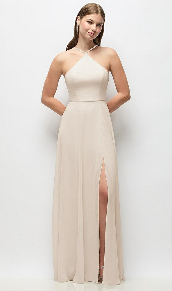 Front View - Oat High-Neck Halter Chiffon Maxi Dress with Adjustable Spaghetti Straps