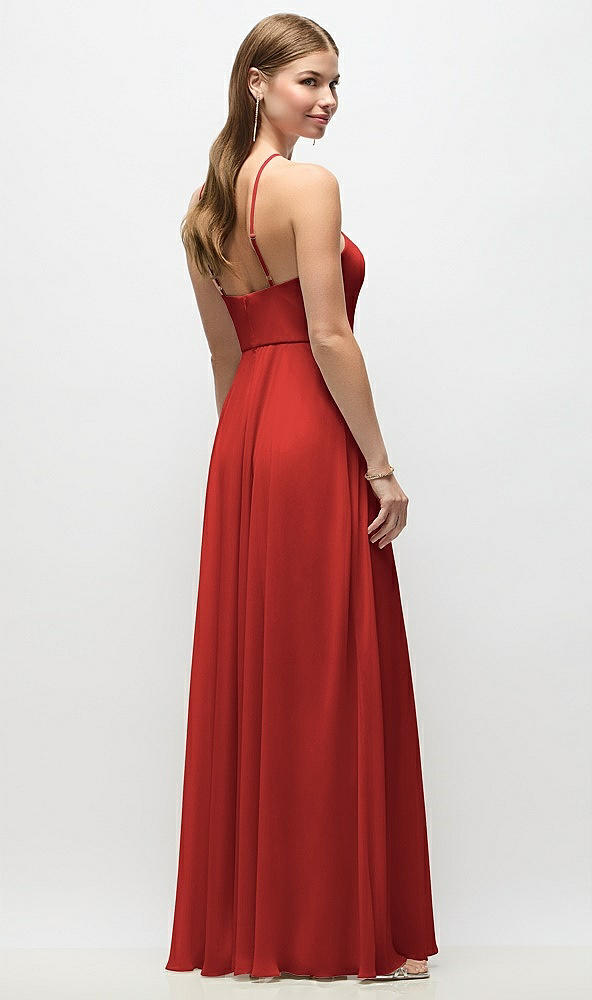 Back View - Poppy Red High-Neck Halter Chiffon Maxi Dress with Adjustable Spaghetti Straps