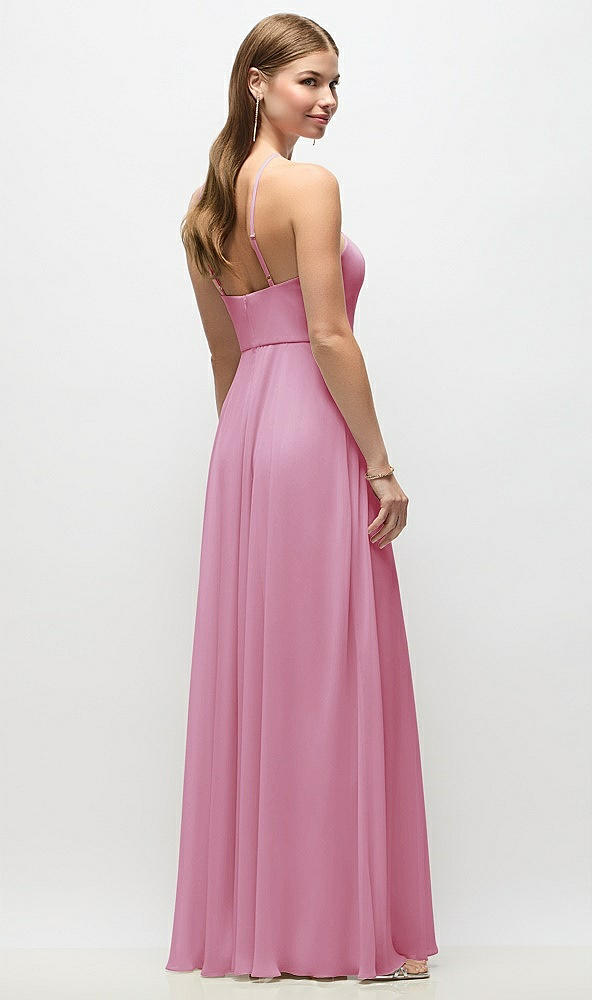 Back View - Powder Pink High-Neck Halter Chiffon Maxi Dress with Adjustable Spaghetti Straps