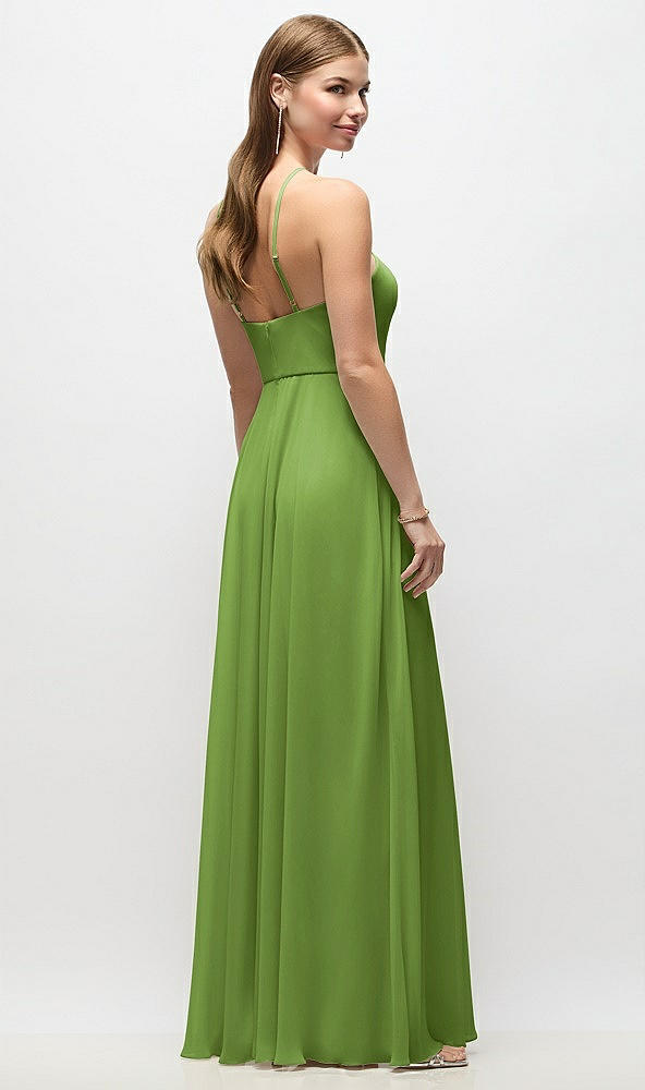 Back View - Peridot Green High-Neck Halter Chiffon Maxi Dress with Adjustable Spaghetti Straps