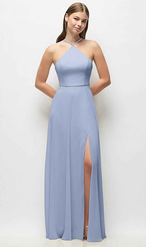 Front View - Sky Blue High-Neck Halter Chiffon Maxi Dress with Adjustable Spaghetti Straps