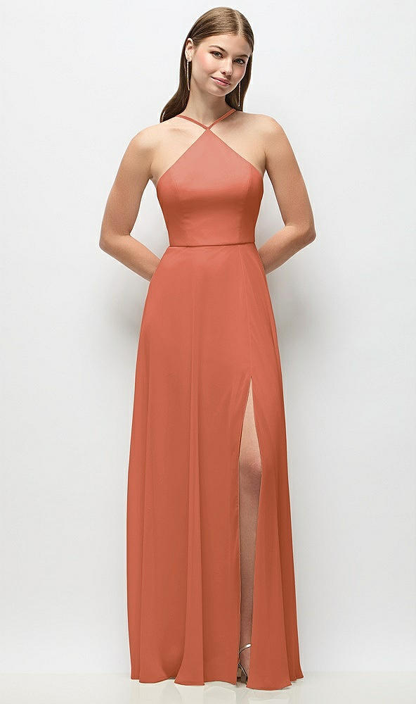 Front View - Terracotta Copper High-Neck Halter Chiffon Maxi Dress with Adjustable Spaghetti Straps