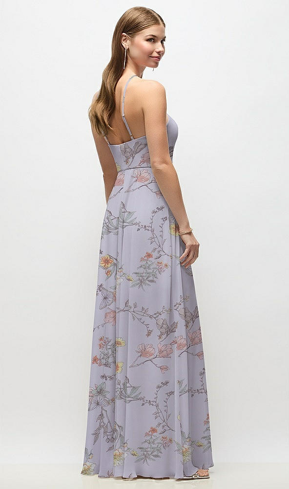 Back View - Butterfly Botanica Silver Dove High-Neck Halter Floral Chiffon Maxi Dress with Adjustable Spaghetti Straps